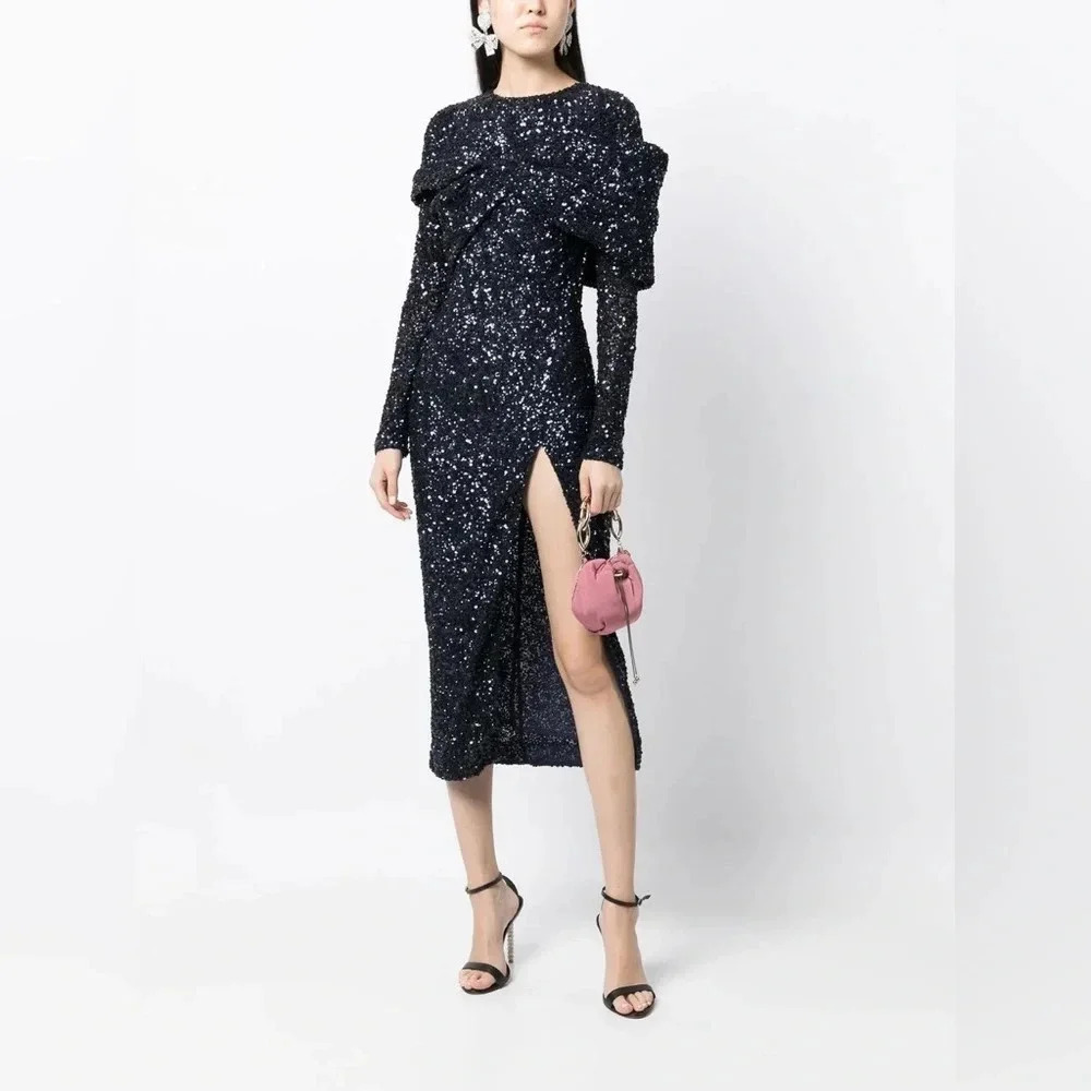 NWT Rachel Gilbert Mirella Sequin Navy Midi Dress Bow Sash Long Sleeve Size 8